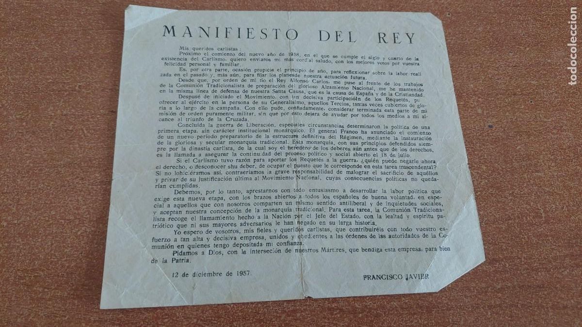 Military Antiques: Documento pasquin carlista manifiesto del Rey 1957