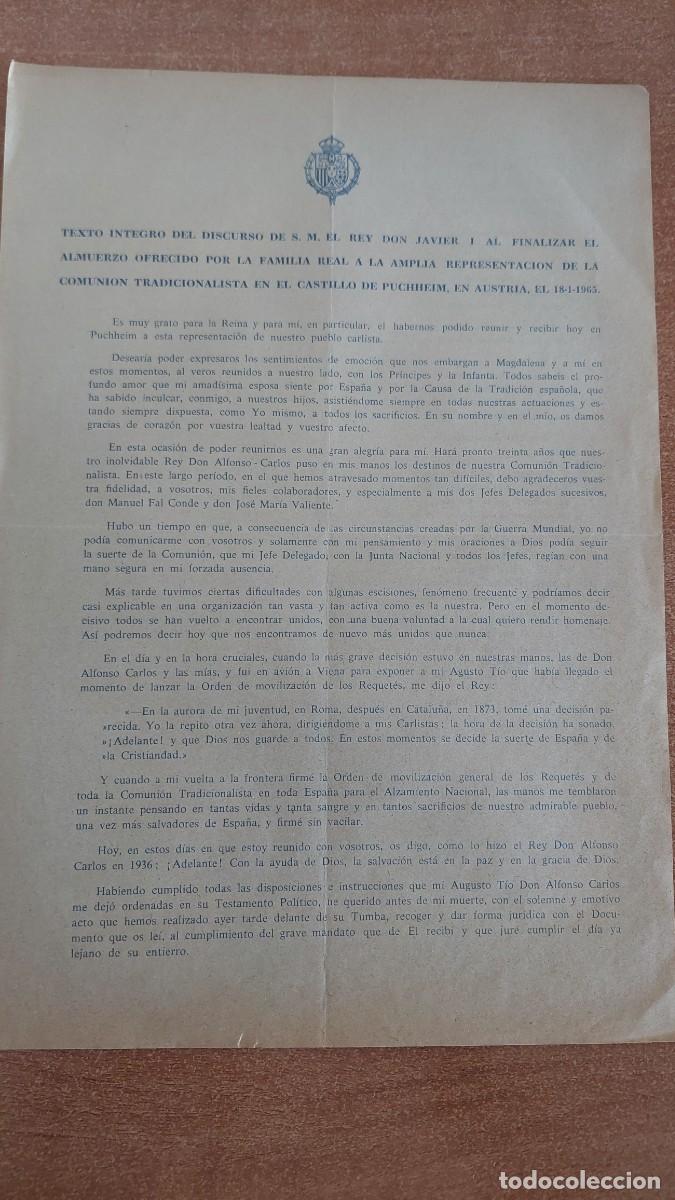 Militaria: Documento pasquin carlista Texto discurso Rey Javier I 1965