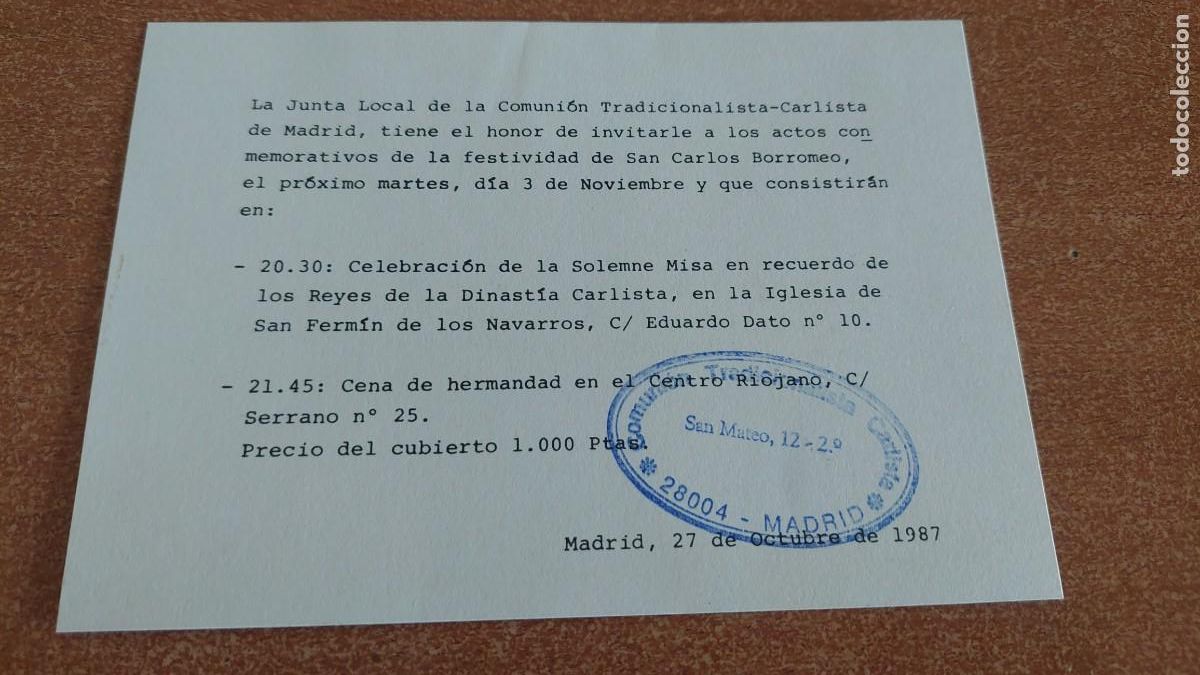 Military Antiques: Invitaci&oacute;n carlista Madrid 1987