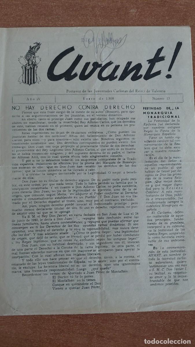 Militaria: Peri&oacute;dico Carlista Avant Valencia Enero 1958