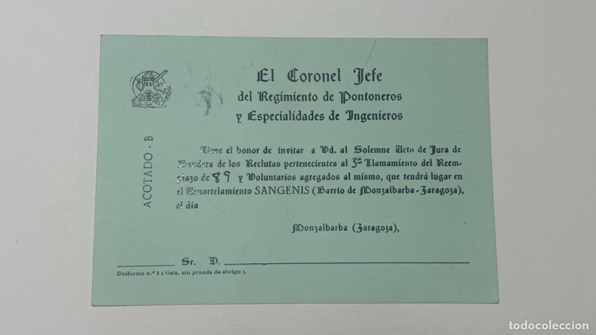 Militaria: Invitaci&oacute;n JURA DE BANDERA PONTONEROS INGENIEROS MONZALBARBA ZARAGOZA 1989
