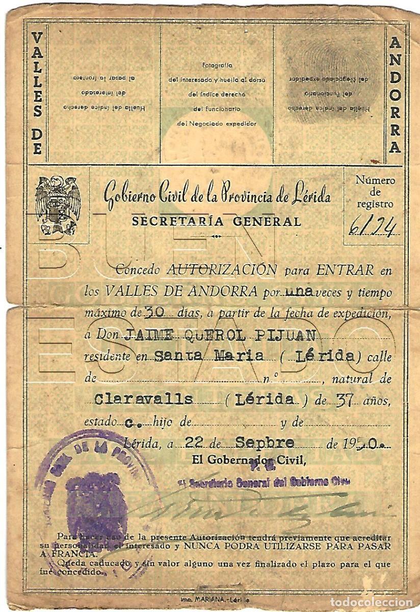 Militaria: ANDORRA CLARAVALLS TARREGA SALVOCONDUCTO 1950 M30