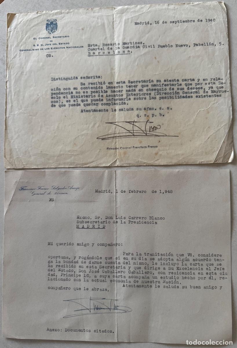 Militaria: 2 CARTAS CASA MILITAR DE FRANCISCO FRANCO A CUARTEL GUARDIA CIVIL Y A CARRERO BLANCO - 1940 Y 1948