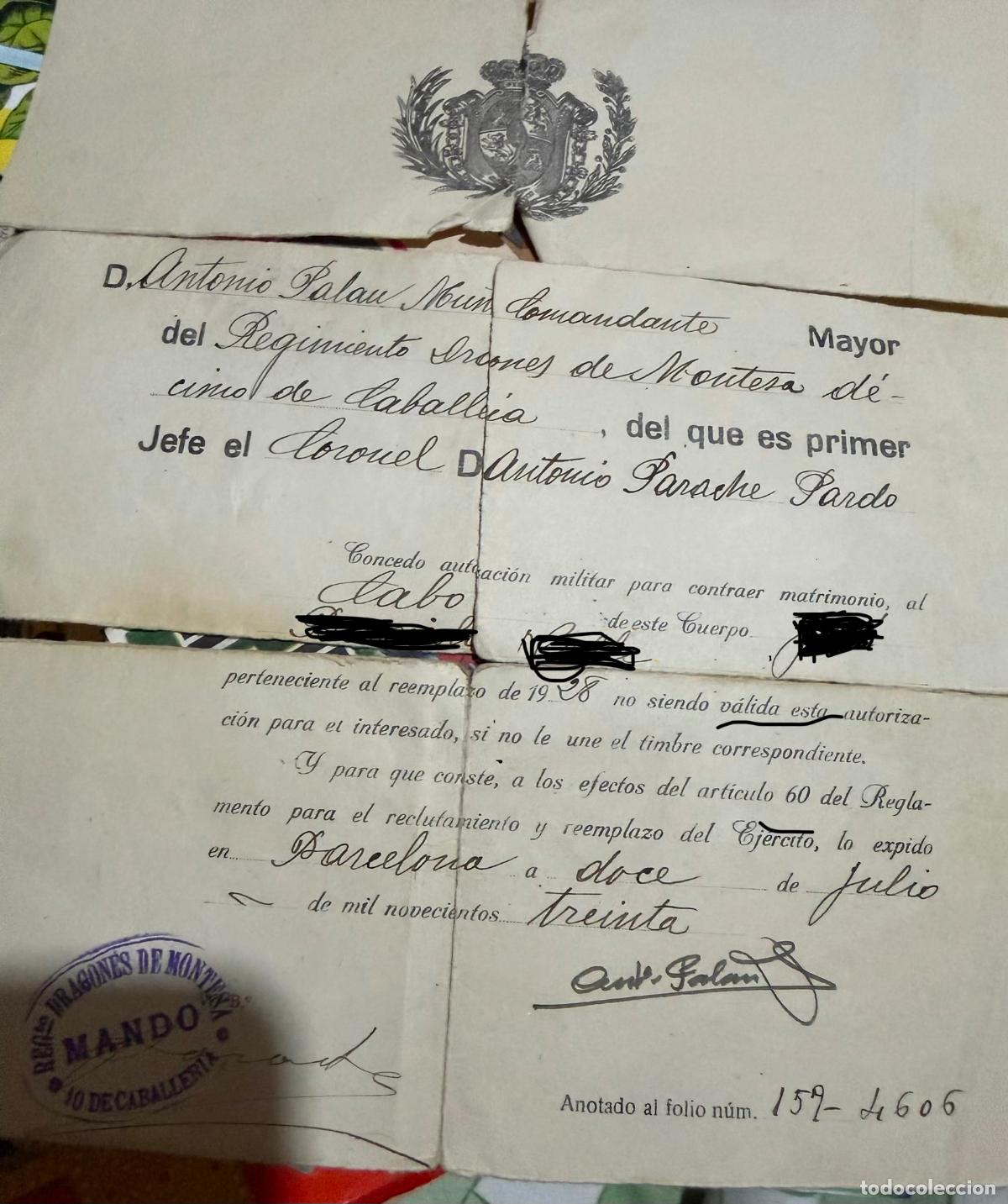 Militaria: Permiso a cabo regimiento dragones de montesa 1930