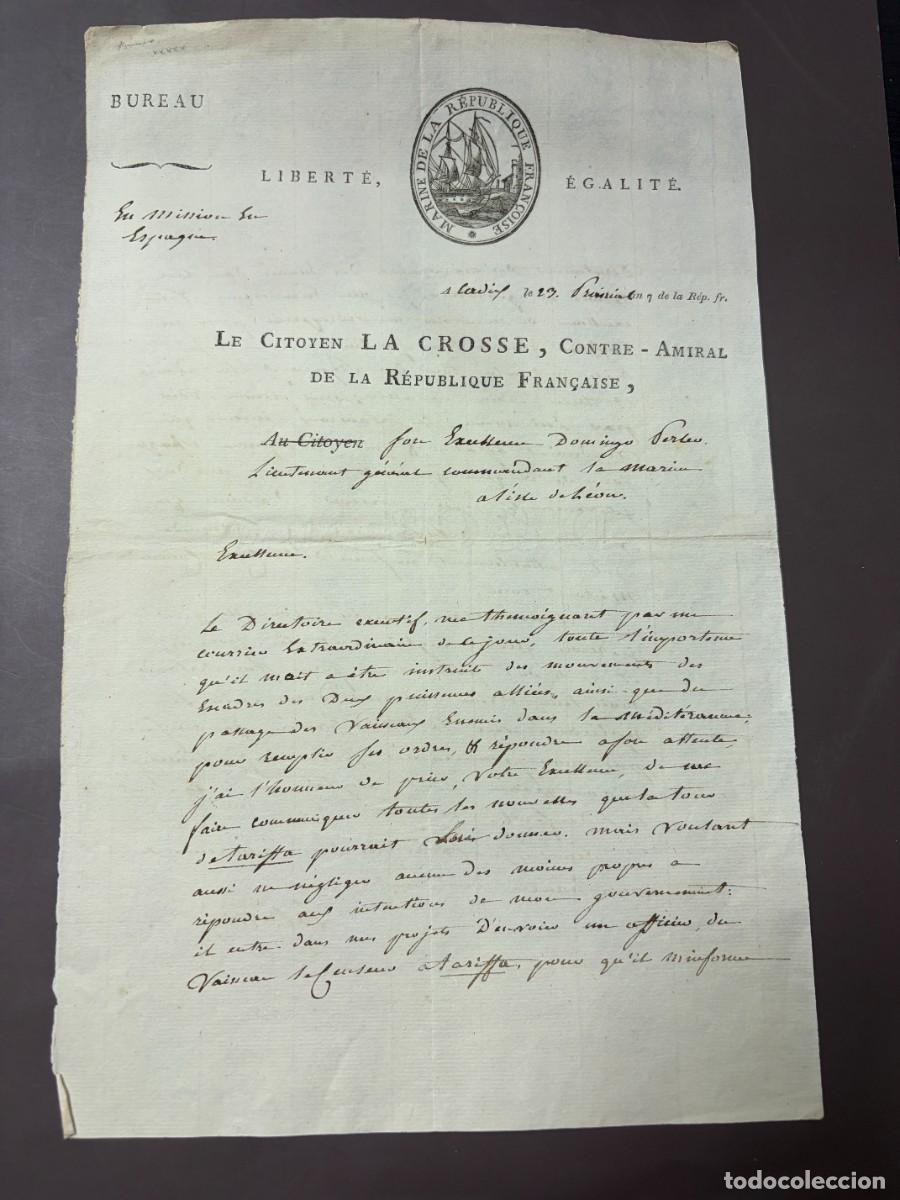 Militaria: CARTA NAVAL CONTRAALMIRANTE LA CROSSE &ndash; VIGILANCIA ESTRECHO TARIFA C&Aacute;DIZ &ndash; FRANCIA 1799