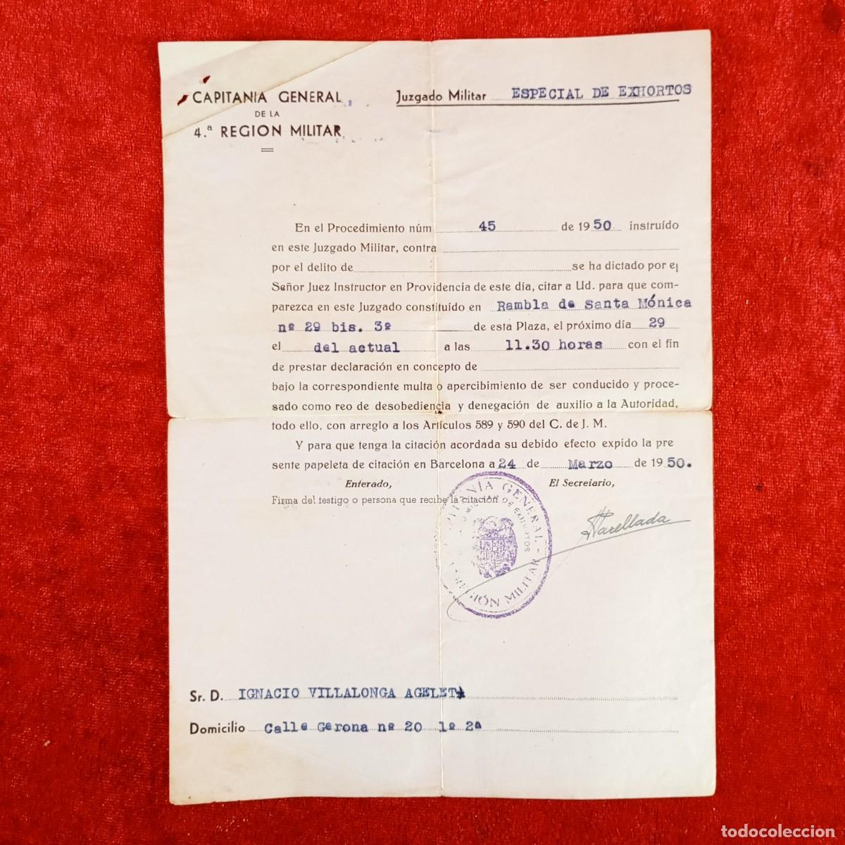 Militaria: DOCUMENTO DE LA CAPITANIA GENERAL DE LA 4&ordf; REGI&Oacute;N MILITAR - BARCELONA - 1950 / 492