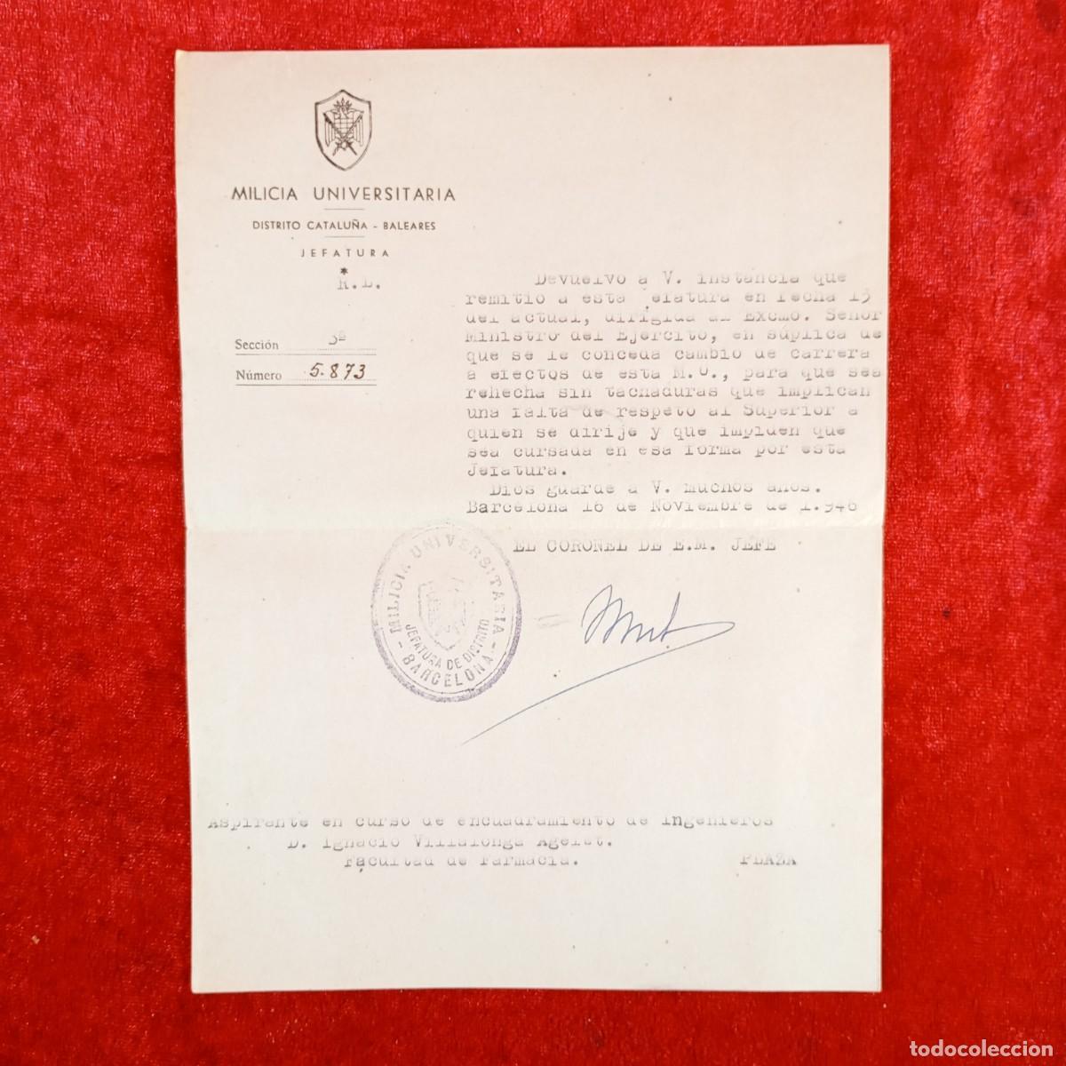 Militaria: CARTA - MILICA UNIVERSITARIA - DISTRITO CATALU&Ntilde;A-BALEARES - JEFATURA - CORONEL JEFE - 1946 / 505