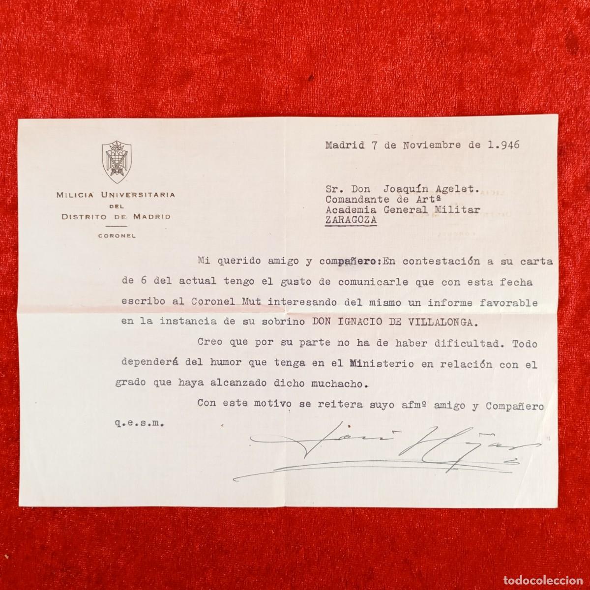 Militaria: CARTA - MILICA UNIVERSITARIA DEL DISTRITO DE MADRID - CORONEL JEFE - 1946 / 507