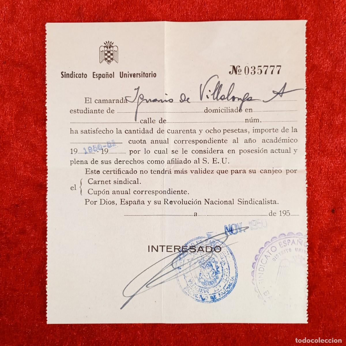 Militaria: DOCUMENTO - SINDICATO ESPA&Ntilde;OL UNIVERSITARIO - S.E.U. - 195? - CAMARADA SOLDADO MILITAR / 513