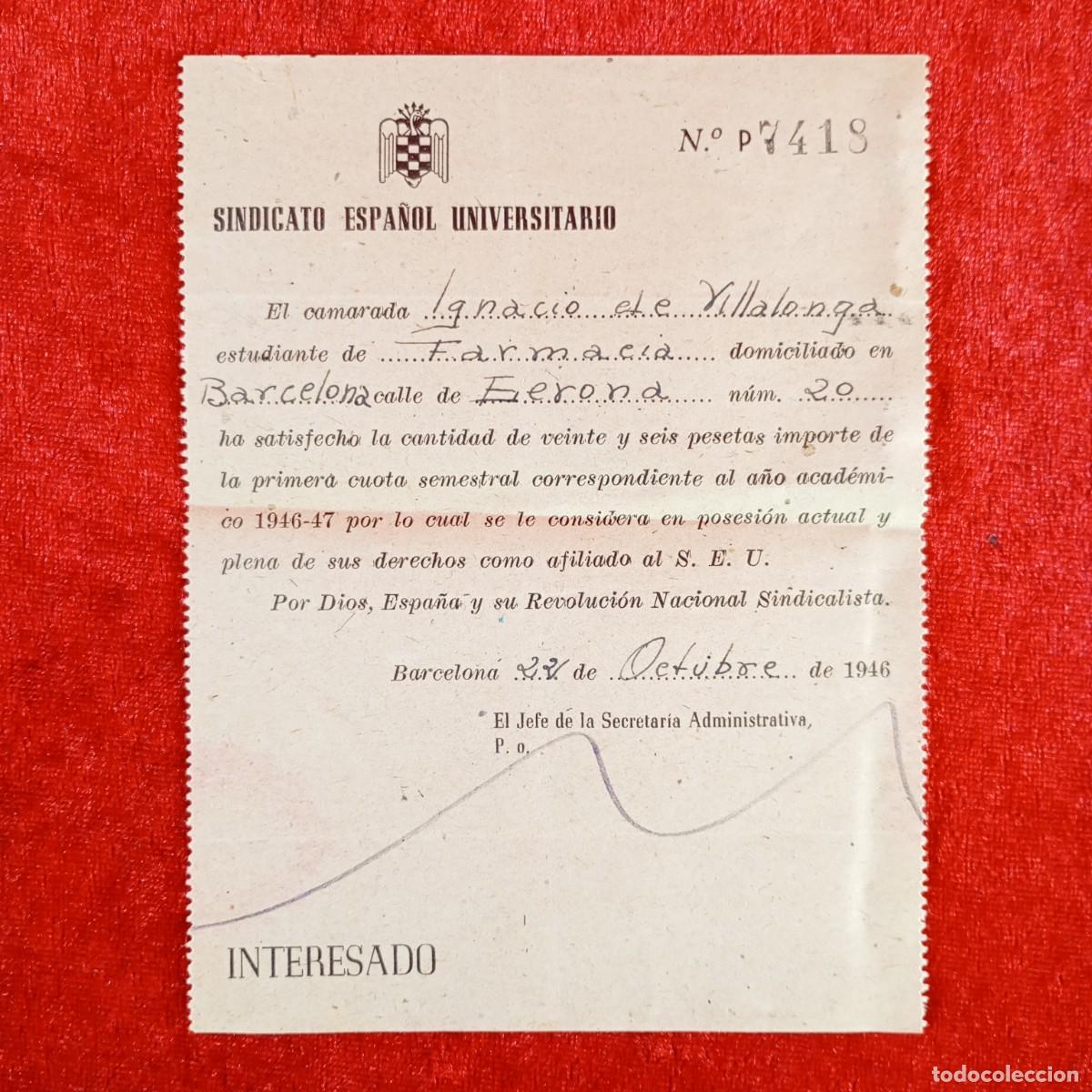 Militaria: DOCUMENTO - SINDICATO ESPA&Ntilde;OL UNIVERSITARIO - S.E.U. - 1946 - CAMARADA SOLDADO MILITAR / 517