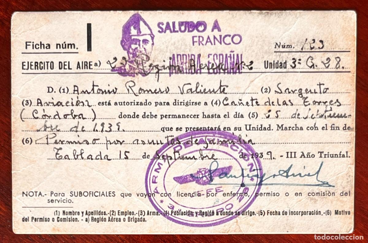 Militaria: Permiso militar del Ej&eacute;rcito del Aire, Aviaci&oacute;n Nacional, C&oacute;rdoba, 1939. &ldquo;Saludo a Franco, &iexcl;Arriba E