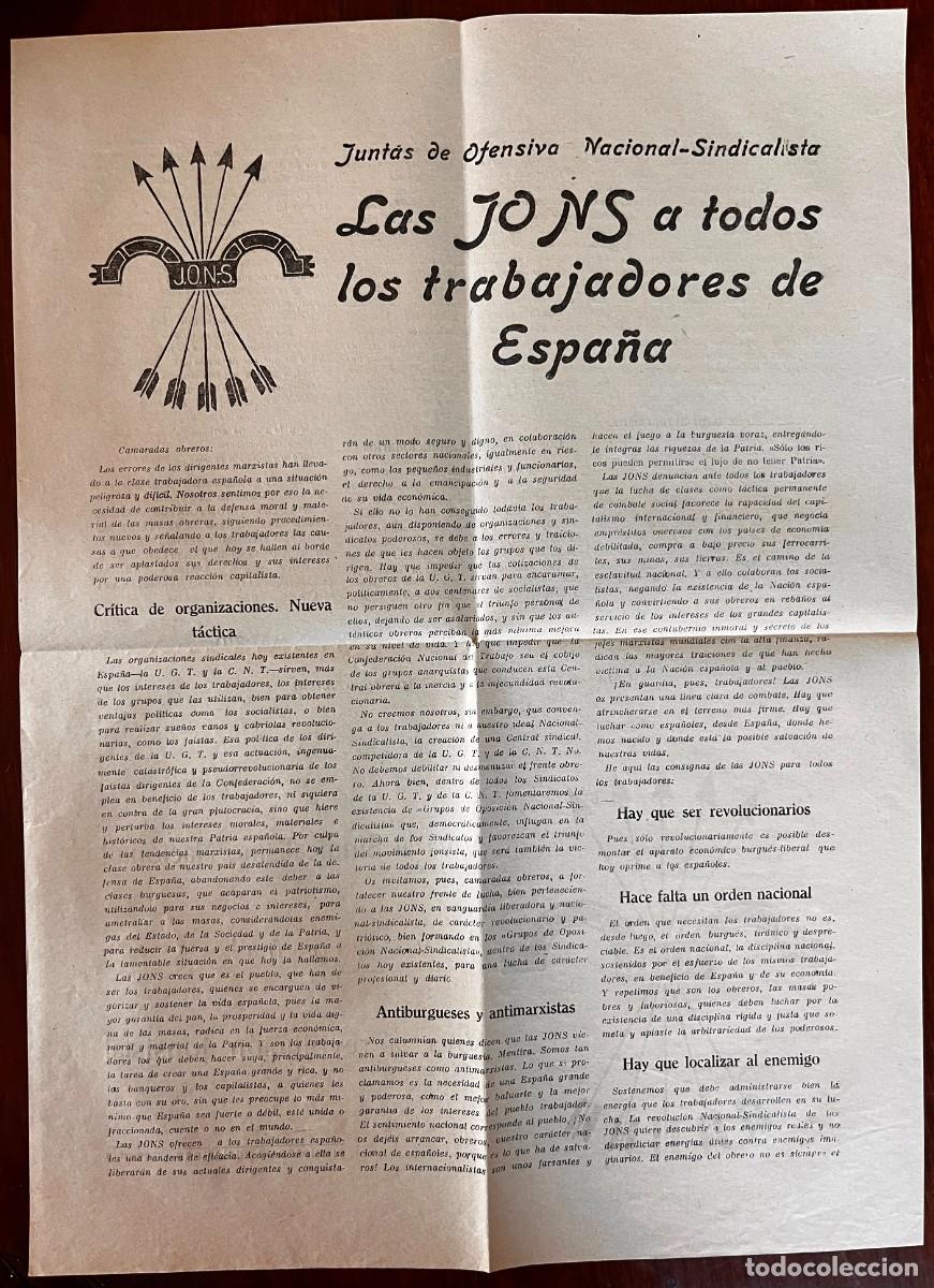 Militaria: JONS, LAS JONS A TODOS LOS TRABAJADORES DE ESPA&Ntilde;A, MANIFIESTO ORIGINAL, RAMIRO LEDESMA RAMOS, A&Ntilde;OS 1