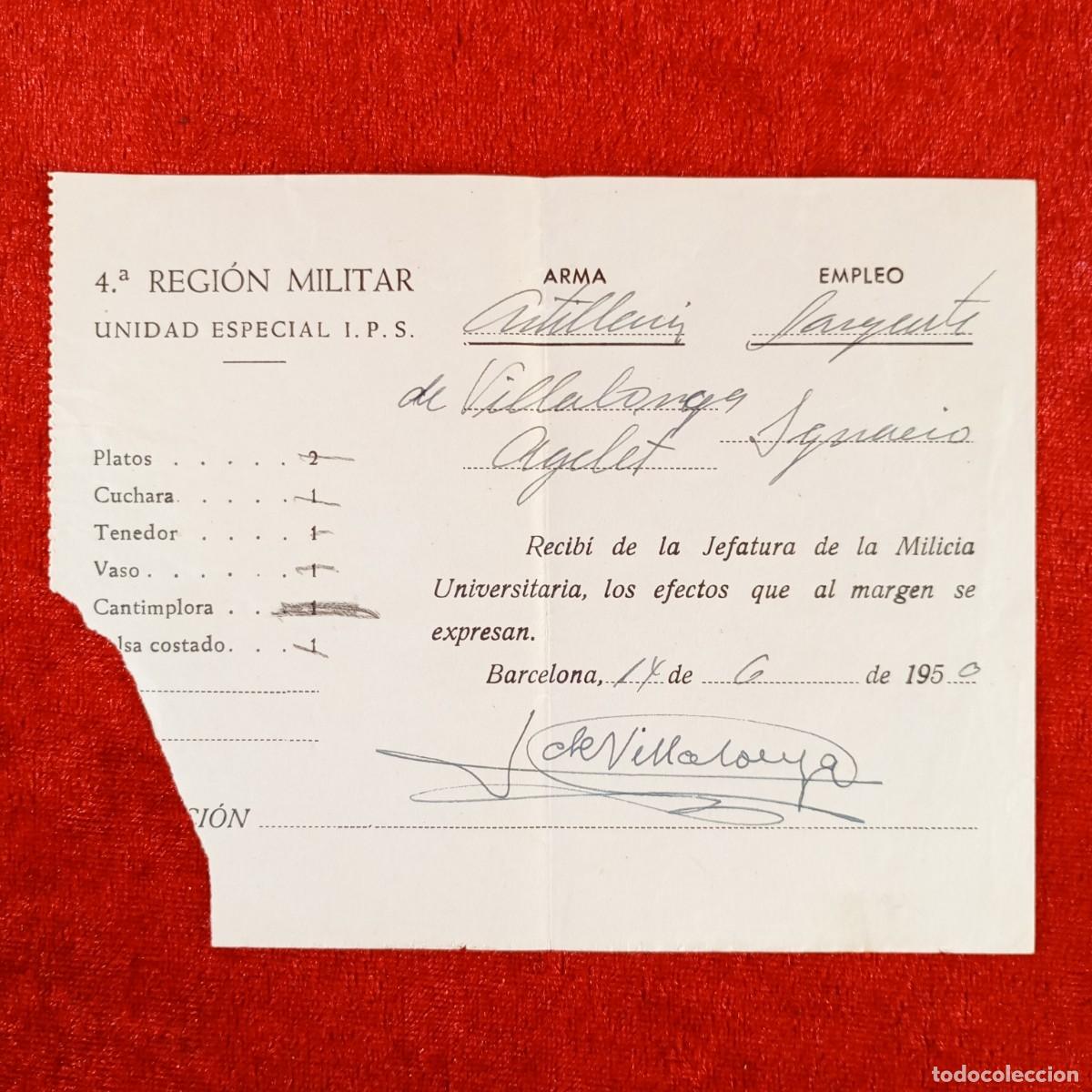 Militaria: RECIBO DE LA 4&ordf; REGI&Oacute;N MILITAR - UNIDAD ESPECIAL I.P.S. - ARMA ARTILLERIA - SARGENTO 1950 / 648