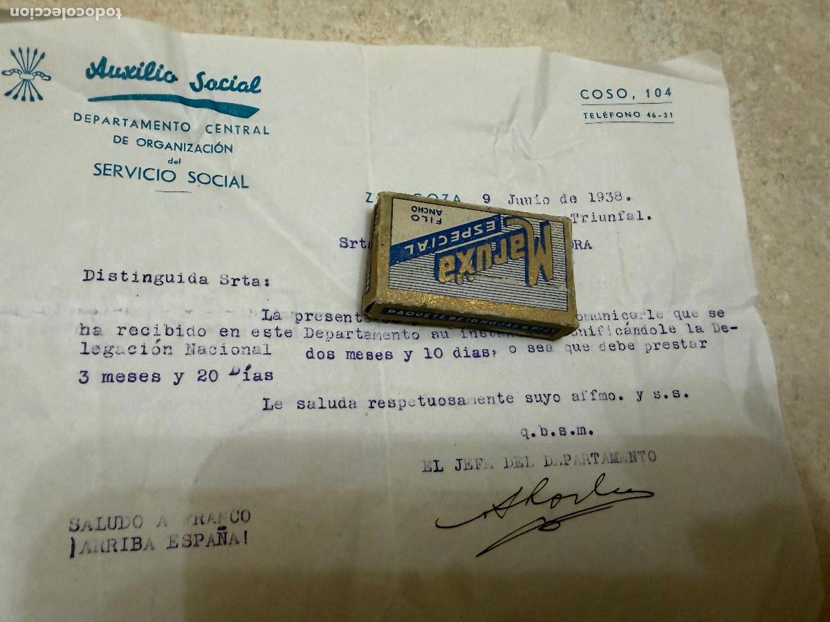 Militaria: Documento enfermera auxilio social 1938