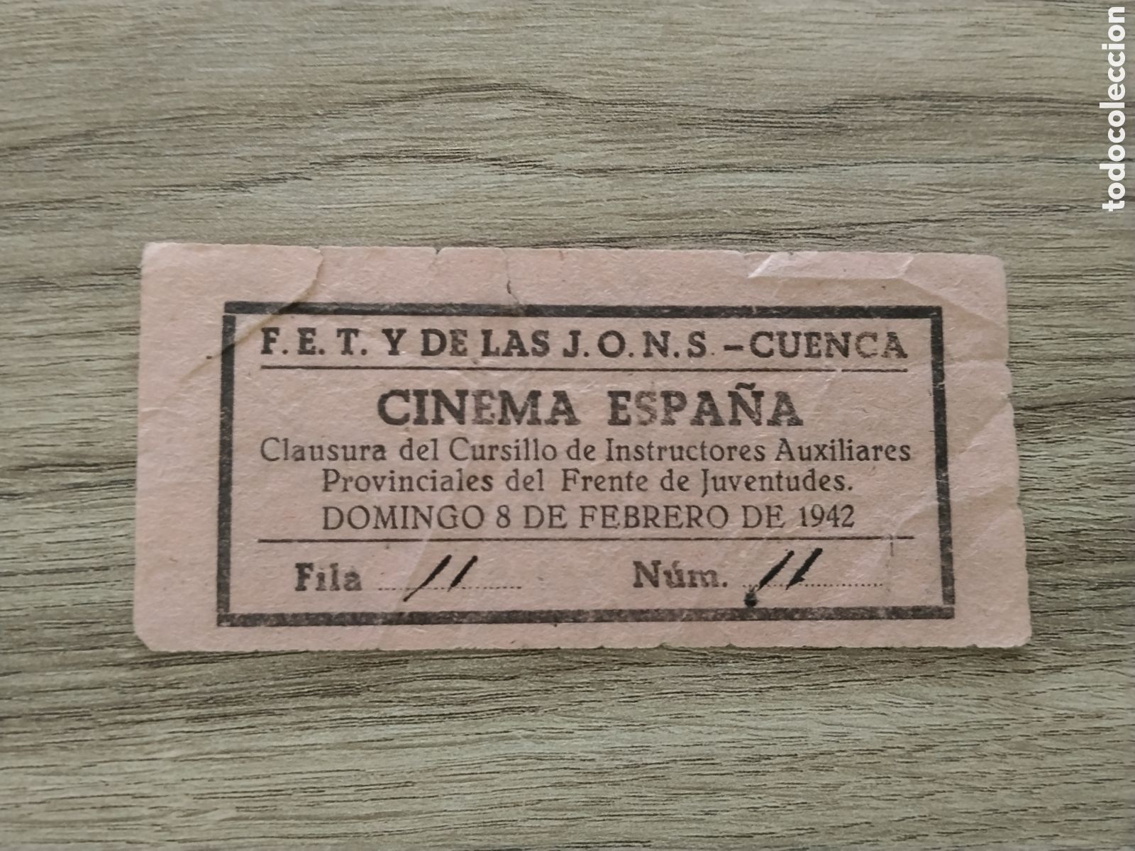 Militaria: Entrada post guerra civil falange de cuenca.frente de juventudes.academia mandos.falangista.militar
