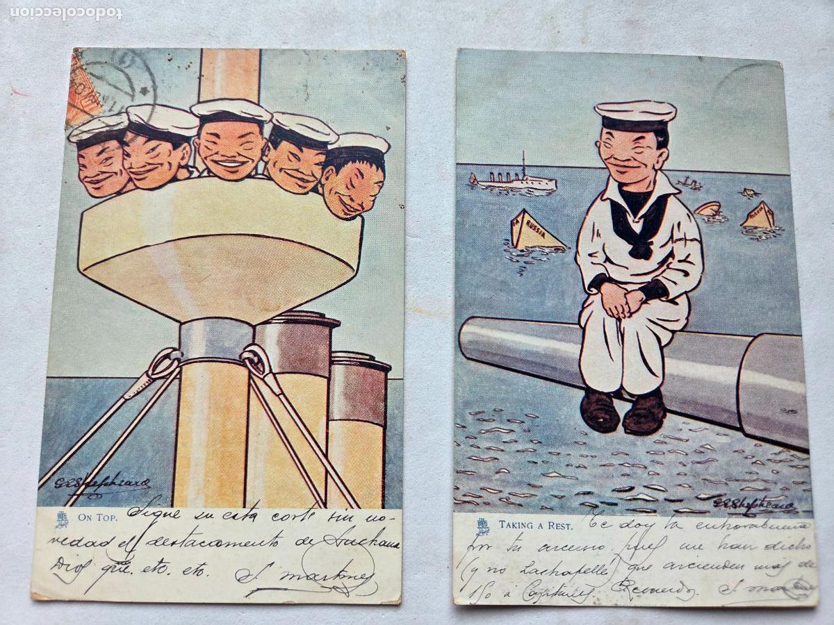 Military Antiques: PAREJA DE POSTALES SATIRICAS MILITARES BARCO RUSIA HUNDIDO TENIENTE CRESPO Z1