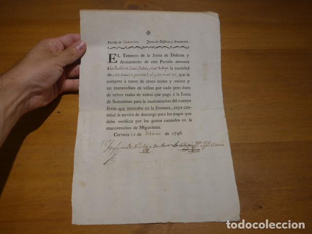 Militaria: Antiguo documento de 1796 de la Junta de defensa y armamento de Cervera, original.
