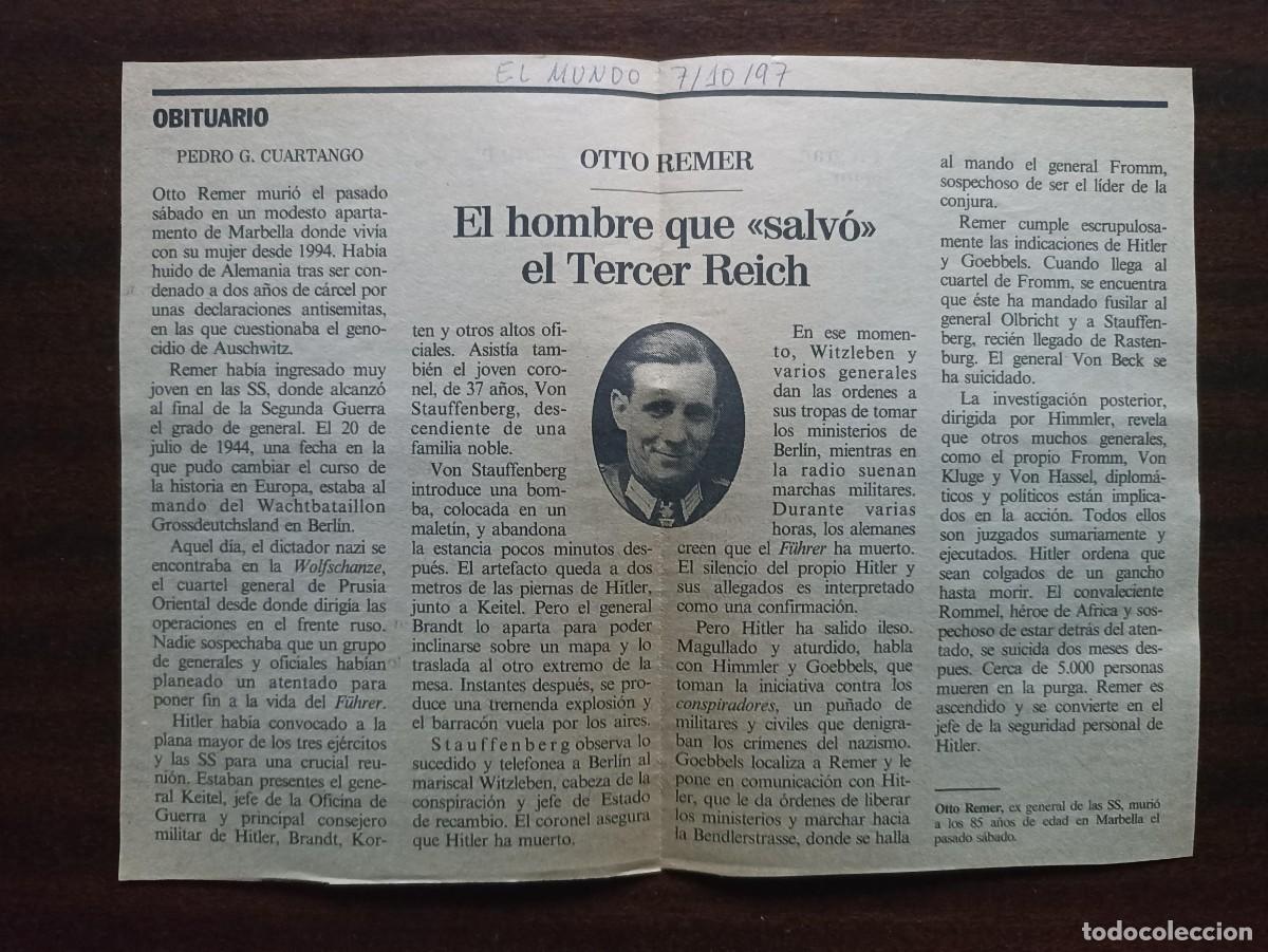 Military Antiques: Otto Remer, recorte peri&oacute;dico (III Reich Hitler- Nazi- Alemania) WWII de 1997