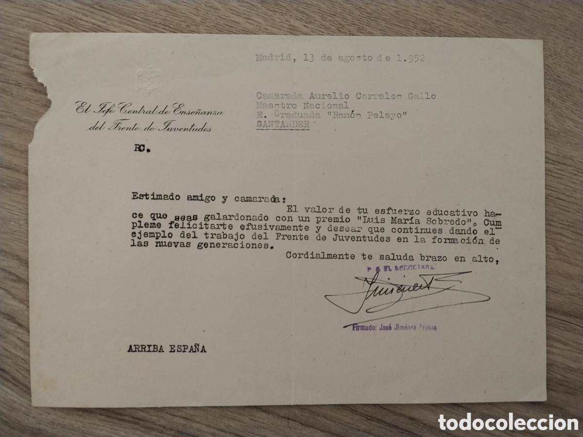 Militaria: Documento post guerra civil alto cargo frente de juventudes.oje.seu.falange.academia de mandos.falan