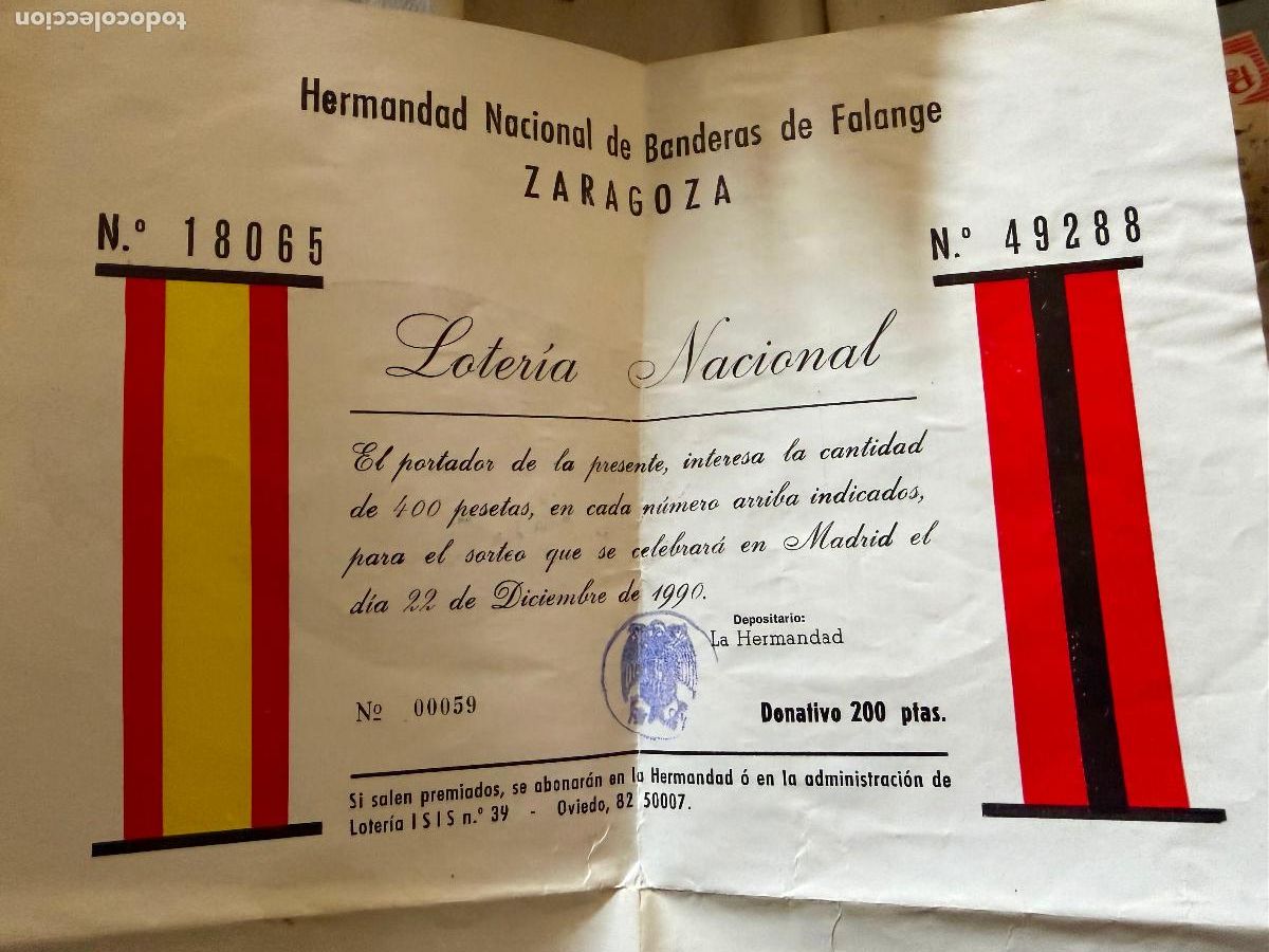 Militaria: Loter&iacute;a nacional hermandad nacional de banderas de falange Zaragoza