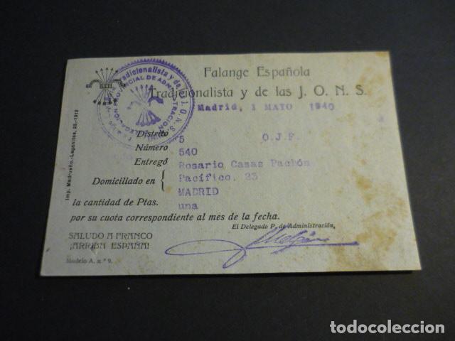 Militaria: RECIBO CUOTA FALANGE ESPA&Ntilde;OLA TRADICIONALISTA Y DE LAS J.O.N.S MADRID 1940