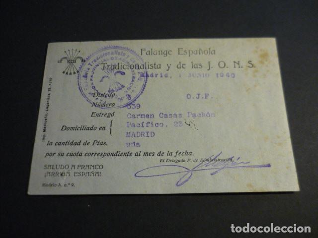 Militaria: FALANGE ESPA&Ntilde;OLA TRADICIONALISTA Y DE LAS J.O.N.S. RECIBO CUOTA MADRID 1940