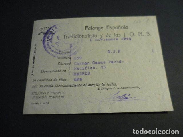 Militaria: FALANGE ESPA&Ntilde;OLA TRADICIONALISTA Y DE LAS J.O.N.S. RECIBO CUOTA MADRID 1940