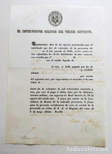 Militaria: Documento de la Intervenci&oacute;n Militar de Andaluc&iacute;a. Fechado en Sevilla en 1843