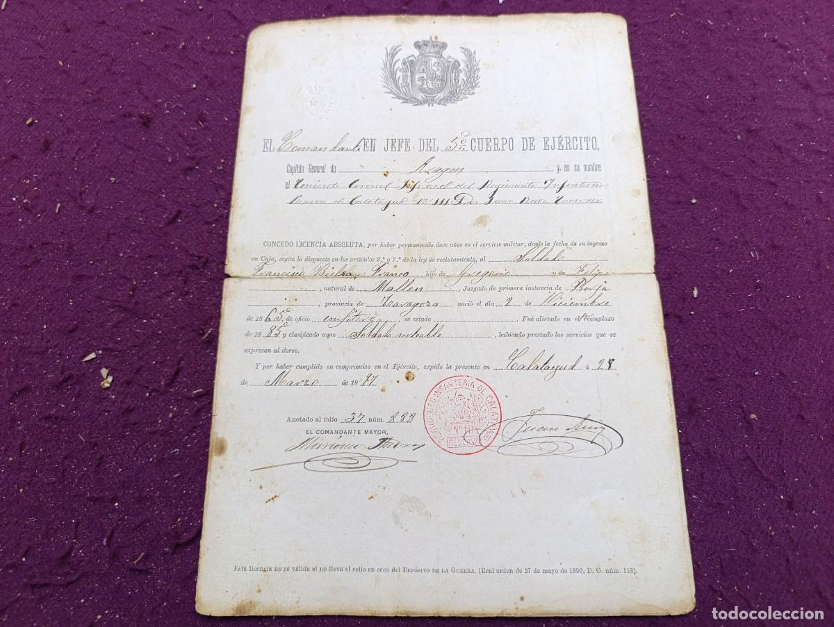 Militaria: AD3, Militar, 1897, Licencia Absoluta de Soldado, 12 a&ntilde;os en servicio militar, Calatayud