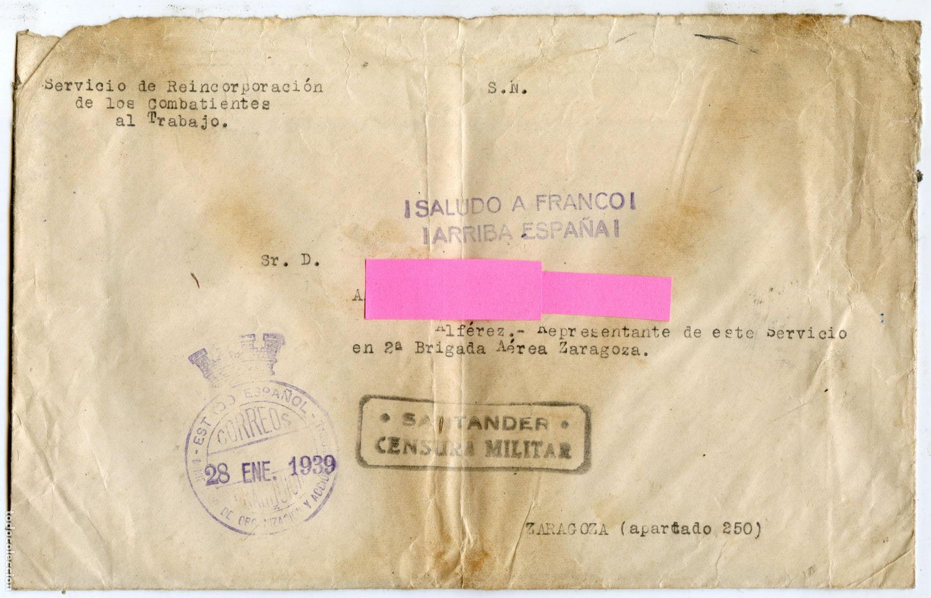 Militaria: Sobre y Circular franquicia del Servicio de Reincorporaci&oacute;n de los combatientes al Trabajo 28/1/39