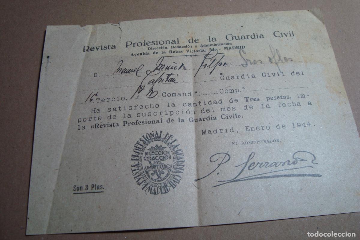 Militaria: ANTIGUO RECIBO REVISTA PROFESIONAL GUARDIA CIVIL MADRID 1944.