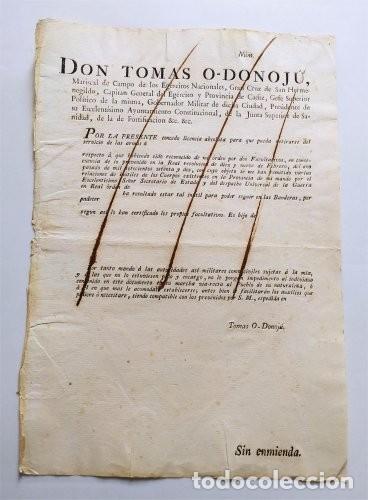 Militaria: Impreso del Mariscal de Campo Tom&aacute;s O&acute;Donoj&uacute; para conceder licencia absoluta del servicio de armas