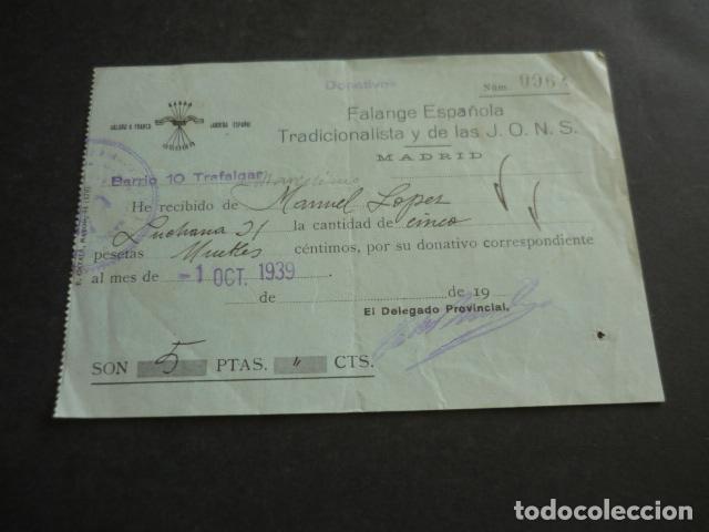 Militaria: FALANGE ESPA&Ntilde;OLA TRADICIONALISTA Y DE LAS J.O.N.S. RECIBO DONATIVO COMERCIANTE 1939