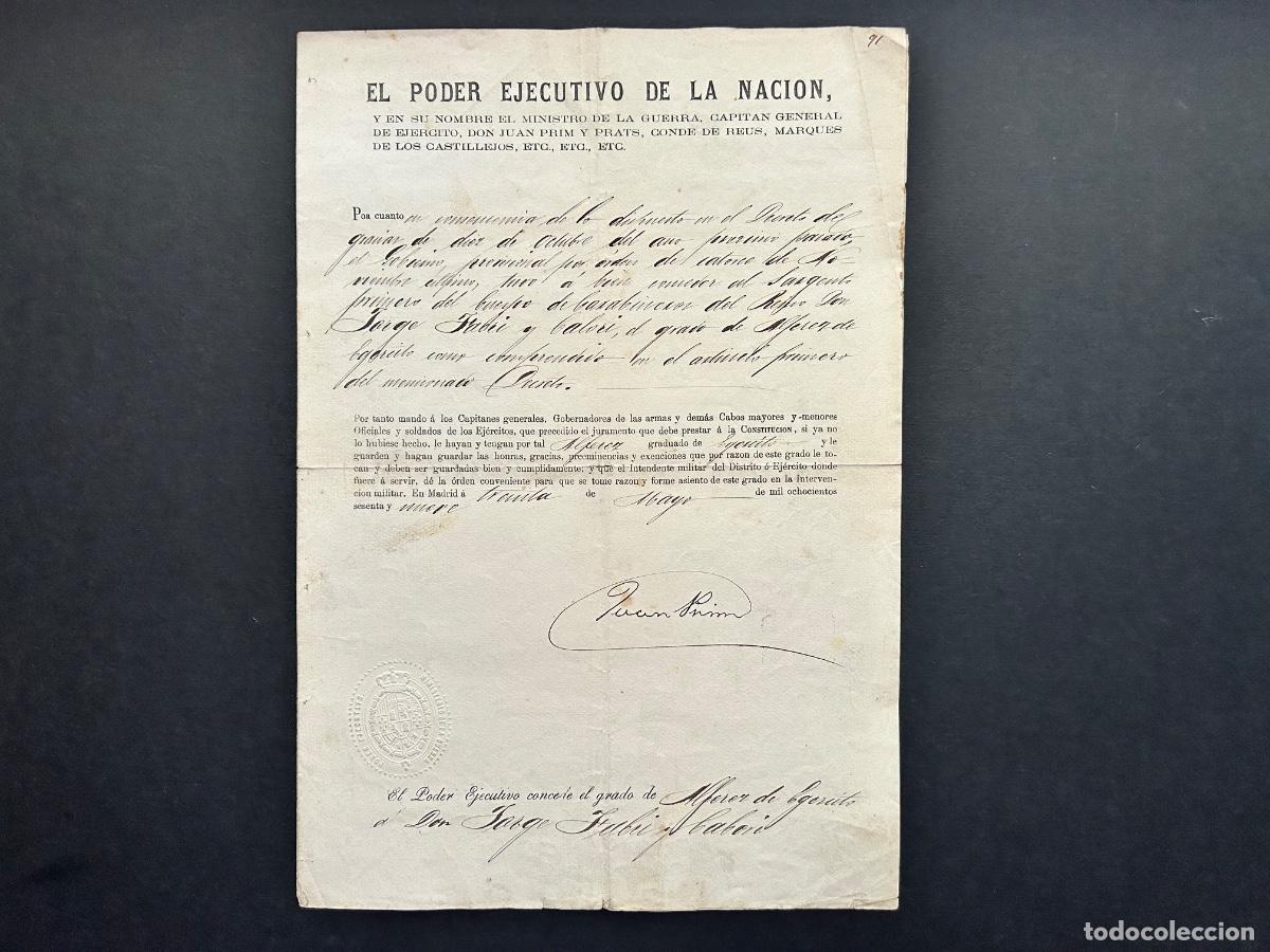 Military Antiques: 1869 - Firma aut&oacute;grafa General Juan Prim - Nombramiento Alf&eacute;rez Carabineros &ndash; Sexenio Democr&aacute;tico