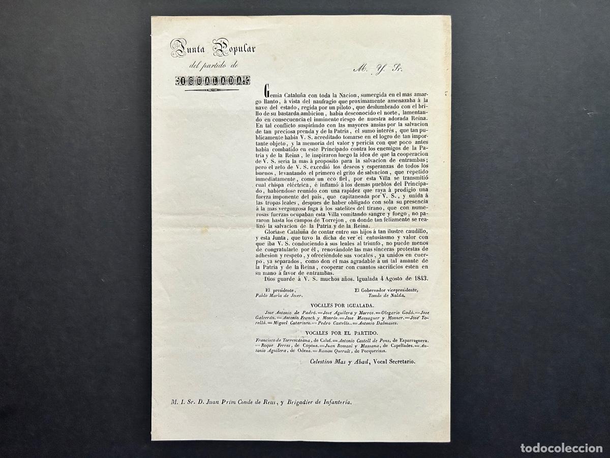 Military Antiques: 1843. Manifiesto Junta Popular Igualada dirigida al General Juan Prim &ndash; Conde de Reus