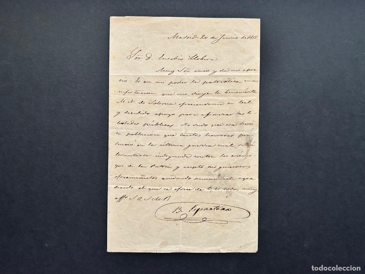 Militaria: Carta manuscrita y firmada por Baldomero Espartero &ndash; Dirigida a Solsona &ndash; Mil&iacute;cia Nacional 1855