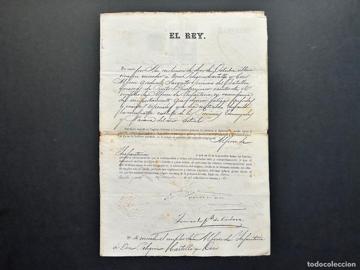 Militaria: 1872 FIRMA AMADEO I DE SABOYA - Real Despacho - Guerra de Cuba - Alf&eacute;rez Infanter&iacute;a - Barcelona