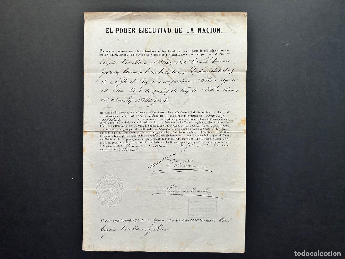 Militaria: C&eacute;dula Orden Cruz M&eacute;rito Militar 1874 - Firma aut&oacute;grafa General Serrano y Juan de Zavala &ndash; Rep&uacute;blica