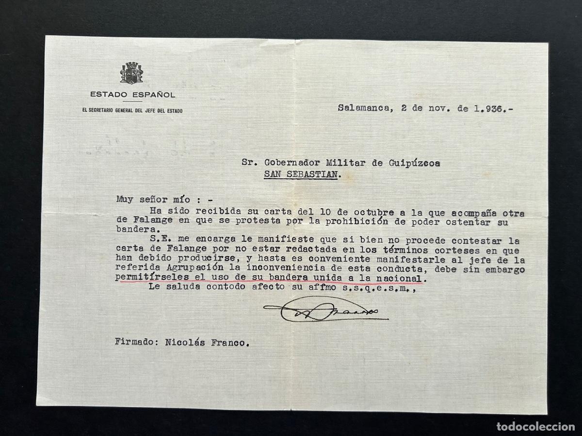 Militaria: Carta firmada Nicol&aacute;s Franco Bahamonde &ndash; Guerra Civil &ndash; Falange Espa&ntilde;ola - Bandera &ndash; San Sebasti&aacute;n