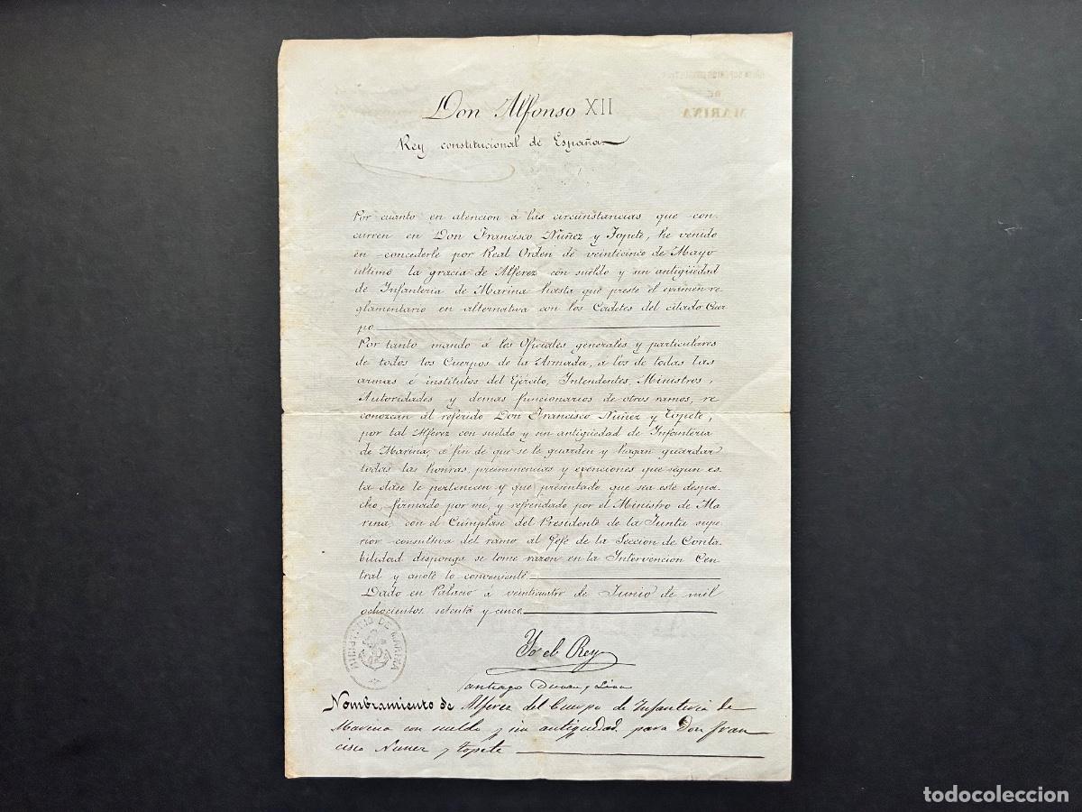 Militaria: 1875 - Firma aut&oacute;grafa Rey Alfonso XII - Real Despacho Nombramiento Alf&eacute;rez Infanter&iacute;a Marina Topete
