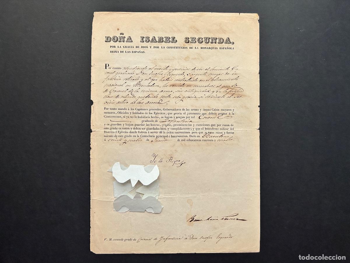 Militaria: 1844 Firma Reina ISABEL II Y NARV&Aacute;EZ - Real Despacho - Alzamiento Extremadura - Barcelona