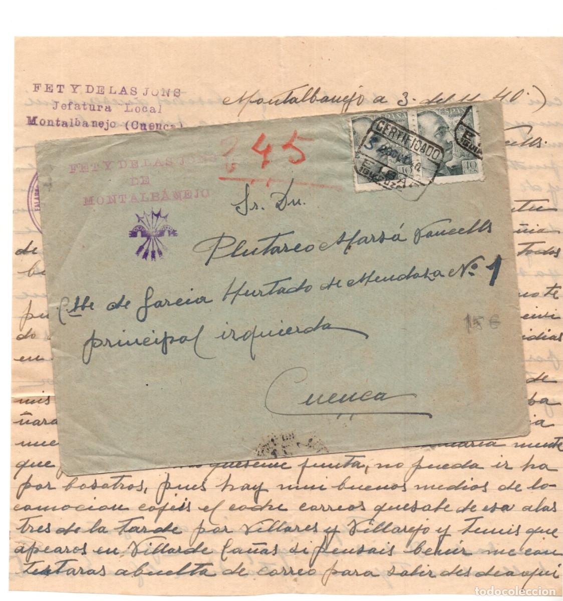 Militaria: MEMBRETE OFICIAL DE LA JEFATURA LOCAL DE FET Y DE LAS JONS MONTALBANEJO (CUENCA), 3 SEPTIEMBRE 1940.