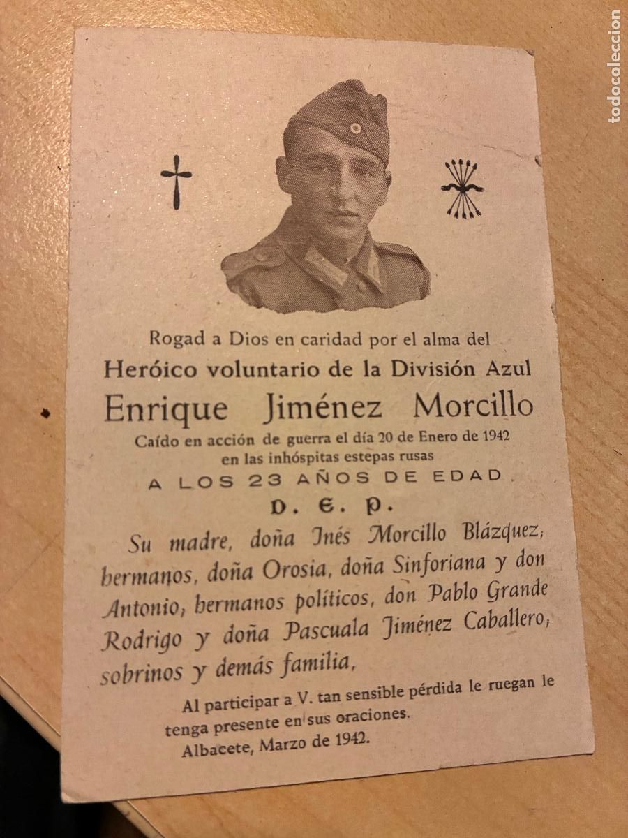 Militaria: Albacete recordatorio her&oacute;ico voluntario Divisi&oacute;n Azul caido guerra 1942 en las estepas rusas