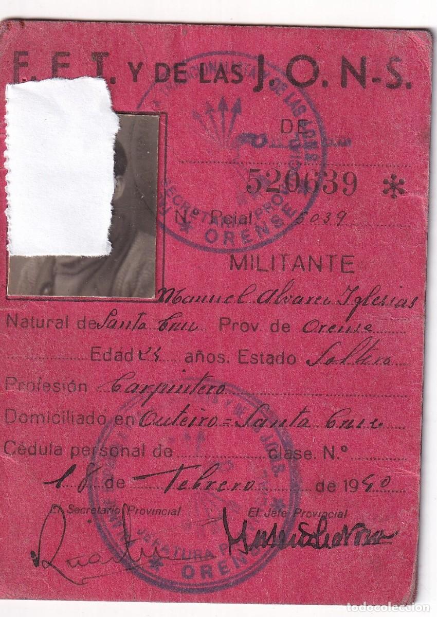 Militaria: FET y de las JONS 1940 Carnet provisional. Orense.