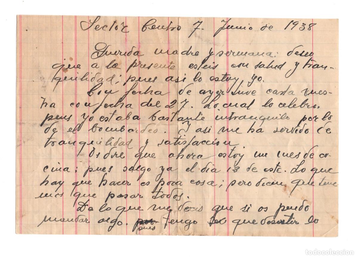 Militaria: CARTA ORIGINAL GUERRA CIVIL ESPA&Ntilde;OLA - SECTOR CENTRO (7 JUNIO 1938) - TESTIMONIO BOMBARDEOS