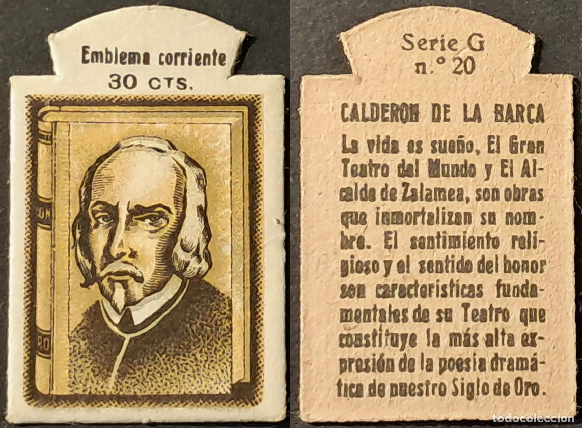 Militaria: Auxilio Social. Emblema corriente 30 cts. Calder&oacute;n de la Barca. Serie G n&uacute;mero 20
