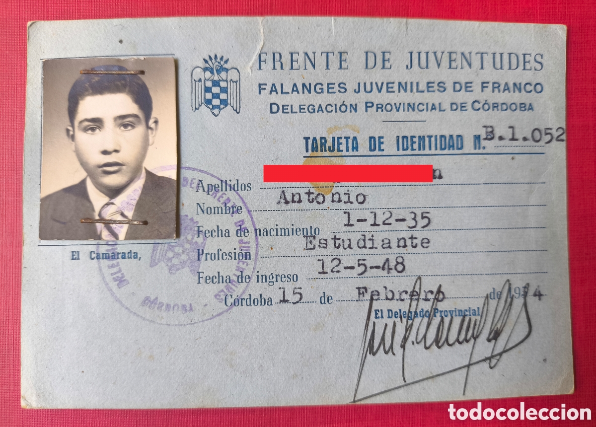 Militaria: FALANGE FRENTE DE JUVENTUDES CARNET CENT&Uacute;RIA CID CAMPEADOR PUEBLONUEVO C&Oacute;RDOBA 1948