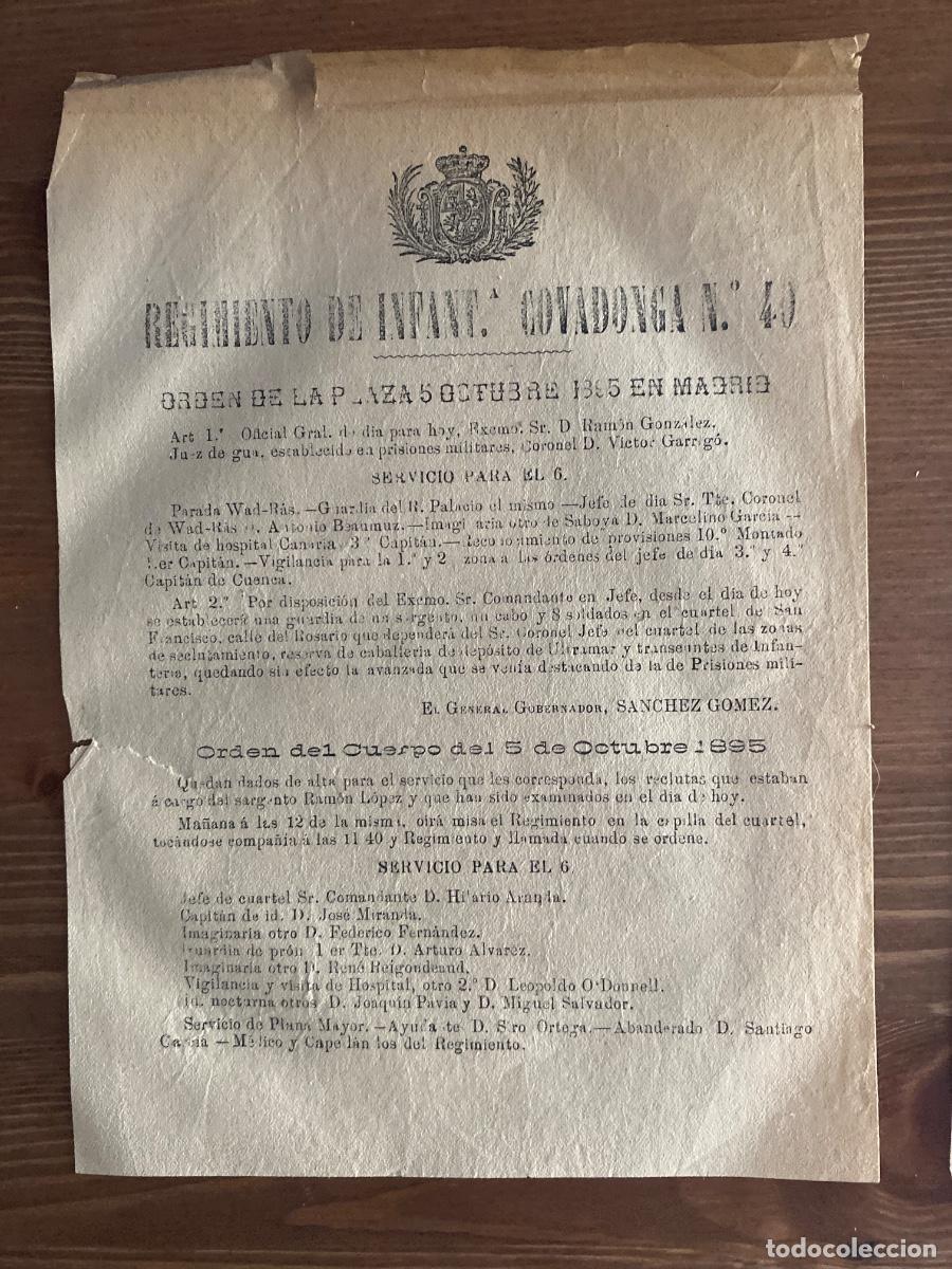 Militaria: REGIMIENTO DE INFANTERIA COVADONGA ORDEN DE PLAZA 5 OCTUBRE 1895 SERVICIO PARA EL 6