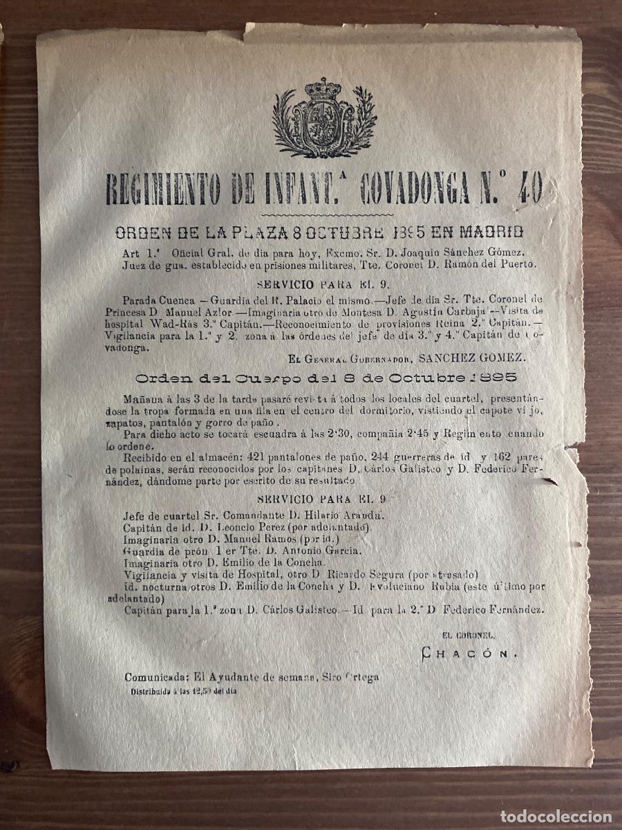 Militaria: REGIMIENTO DE INFANTERIA COVADONGA ORDEN DE PLAZA 8 OCTUBRE 1895 SERVICIO PARA EL 9