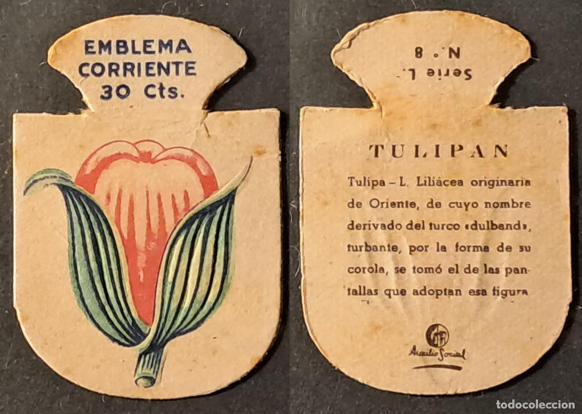 Militaria: Auxilio Social. Emblema corriente 30 cts. Tulip&aacute;n. Serie L n&uacute;mero 8